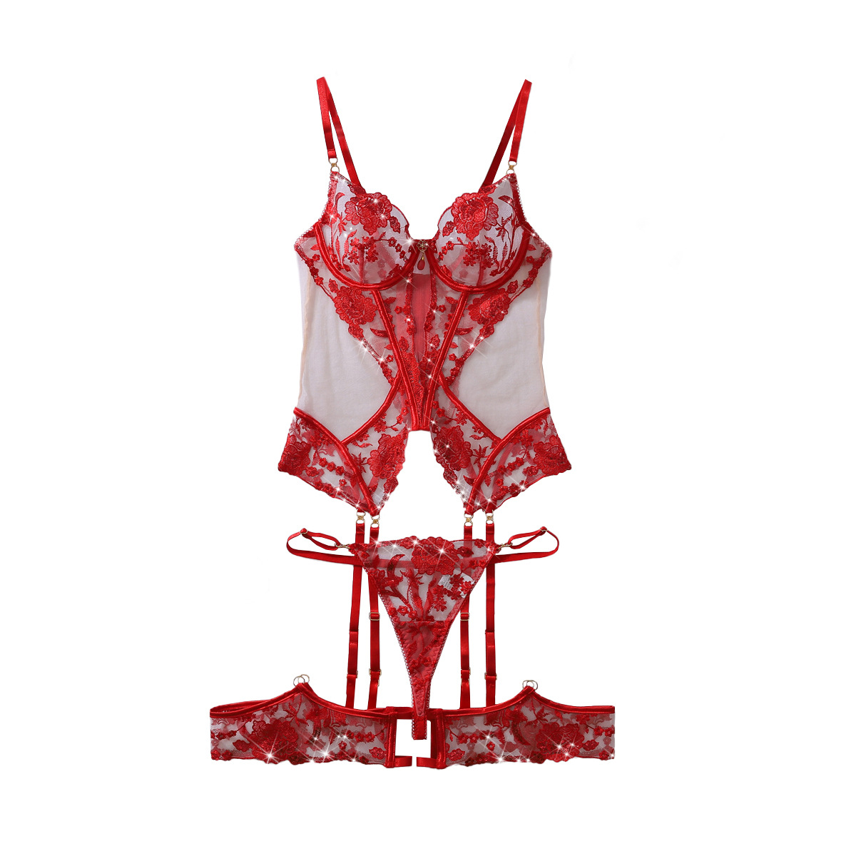 European and American Cross-Border Hot-Selling Gemstone Decoration Heavy Craft Rose Embroider Slim Shaping Sexy Underwear Split Set