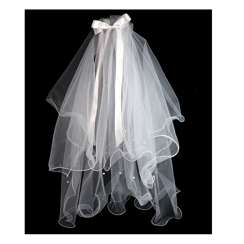 Internet Celebrity Luminous Veil Wedding Dress with Light Double Layer Tassel Pearl Crown Head Ribbon Bow Kidsren's Gauze Decoration