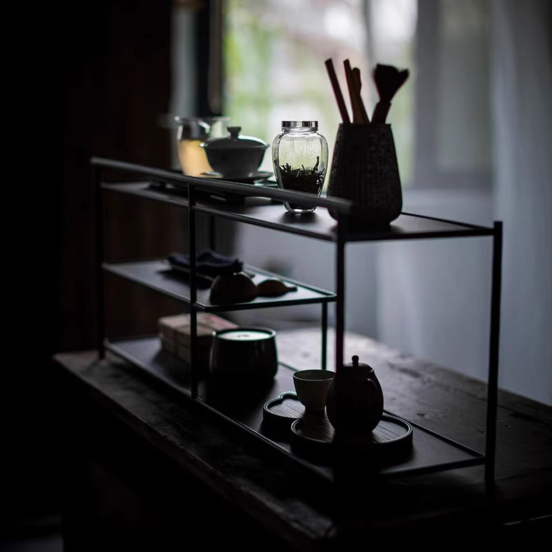 Iron Tea Shed Black Antique Rack Tea Set Storage Display Rack Tea Room Tea Space Desktop Tea Cabinet
