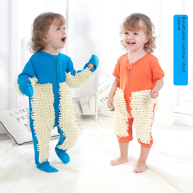 2024 New Floor Mopping Clothes for Men and Women, Pure Cotton Crawling Clothes, Baby Jumpsuits, Spring and Summer European and American Anti-Dirty Mop Clothes