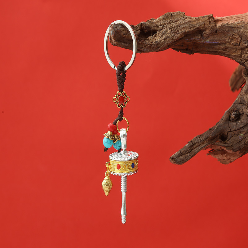 Directly Supplied from the Manufacturer, Xizang-Style Hand-Cranked Prayer Wheel with Six-Word Mantra Pendant and Tassel Souvenir 3C
