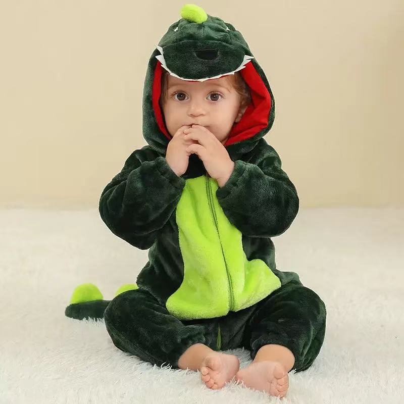 New Fruit Green Dinosaur Cartoon One-Piece Children's Pajamas Factory Direct Supply Autumn and Winter Flannel Home Clothes Dropshipping