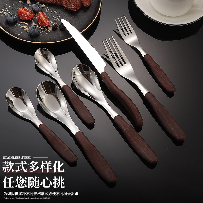 Clip Handle Imitation Wood Grain Knife, Fork and Spoon Tableware 304 Stainless Steel Table Knife, Spoon and Fork Restaurant Kidsren's Baby Food Spoon