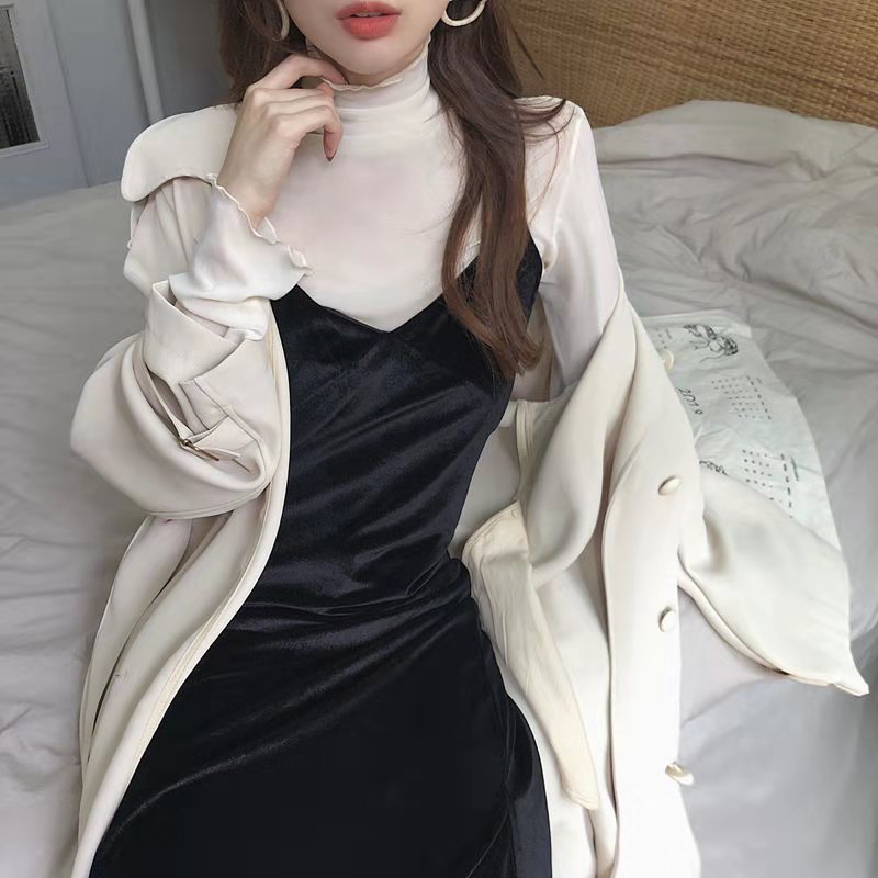 Solid Color Wood Edge Base Shirt Vintage High Collar Mesh Top Fairy Long Sleeve Lace Base Shirt Women's Autumn and Winter