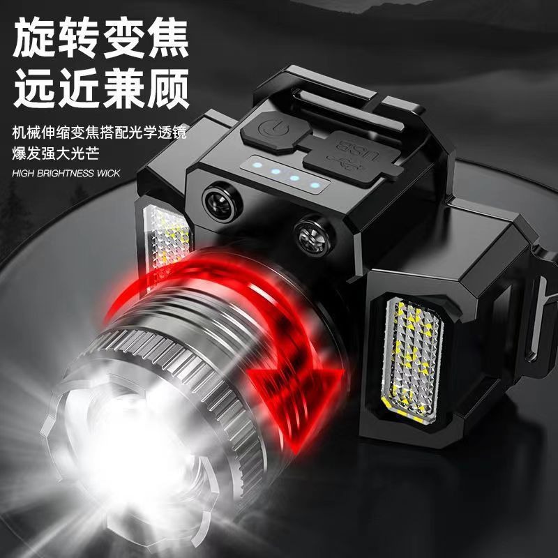 Cross-border strong light induction headlight LED long endurance rotating zoom outdoor fishing light emergency multi-function fishing light