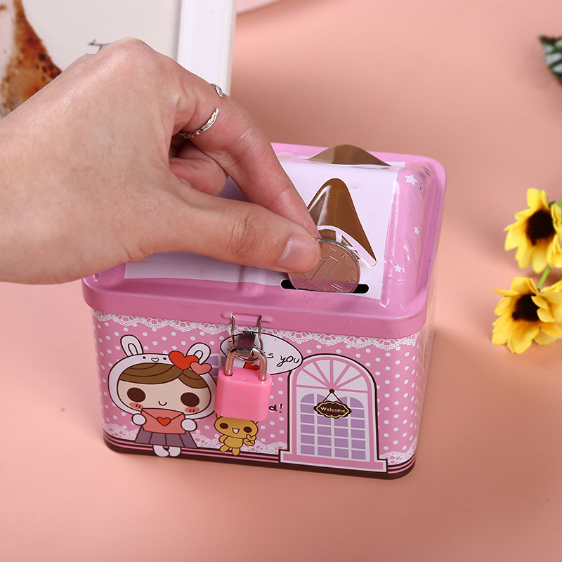 Korean style cartoon creative house piggy bank tinplate with lock piggy bank children's large capacity toy storage box