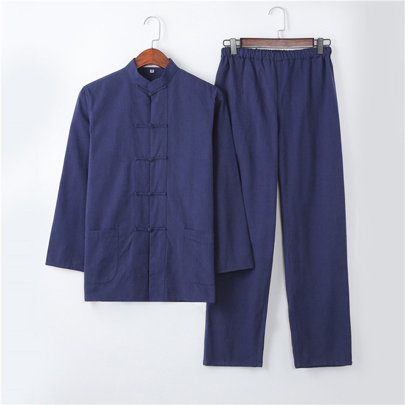 Traditional Chinese Men's Long-Sleeve Suit, Pure Cotton Coarse Cloth Tai Chi Uniform, Hanfu with Large Buttons, Dad's Outfit, Layperson's Clothing, Chinese Style