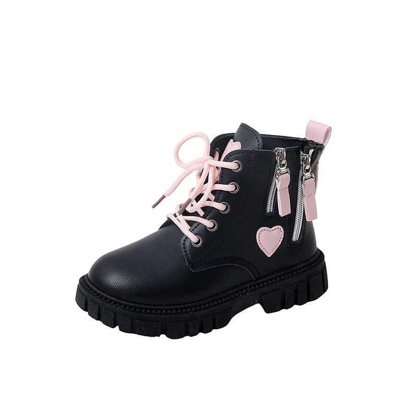 Girls' Side Zipper Boots Autumn and Winter New Kidsren's Boots Girls' Medium and Large Kidsren's Heart Princess Leather Boots Single Boots