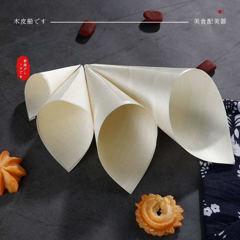 Disposable Wooden Ice Cream Cone Horn-Shaped Conical Snack Fries Candy Packaging Box Veneer Roll
