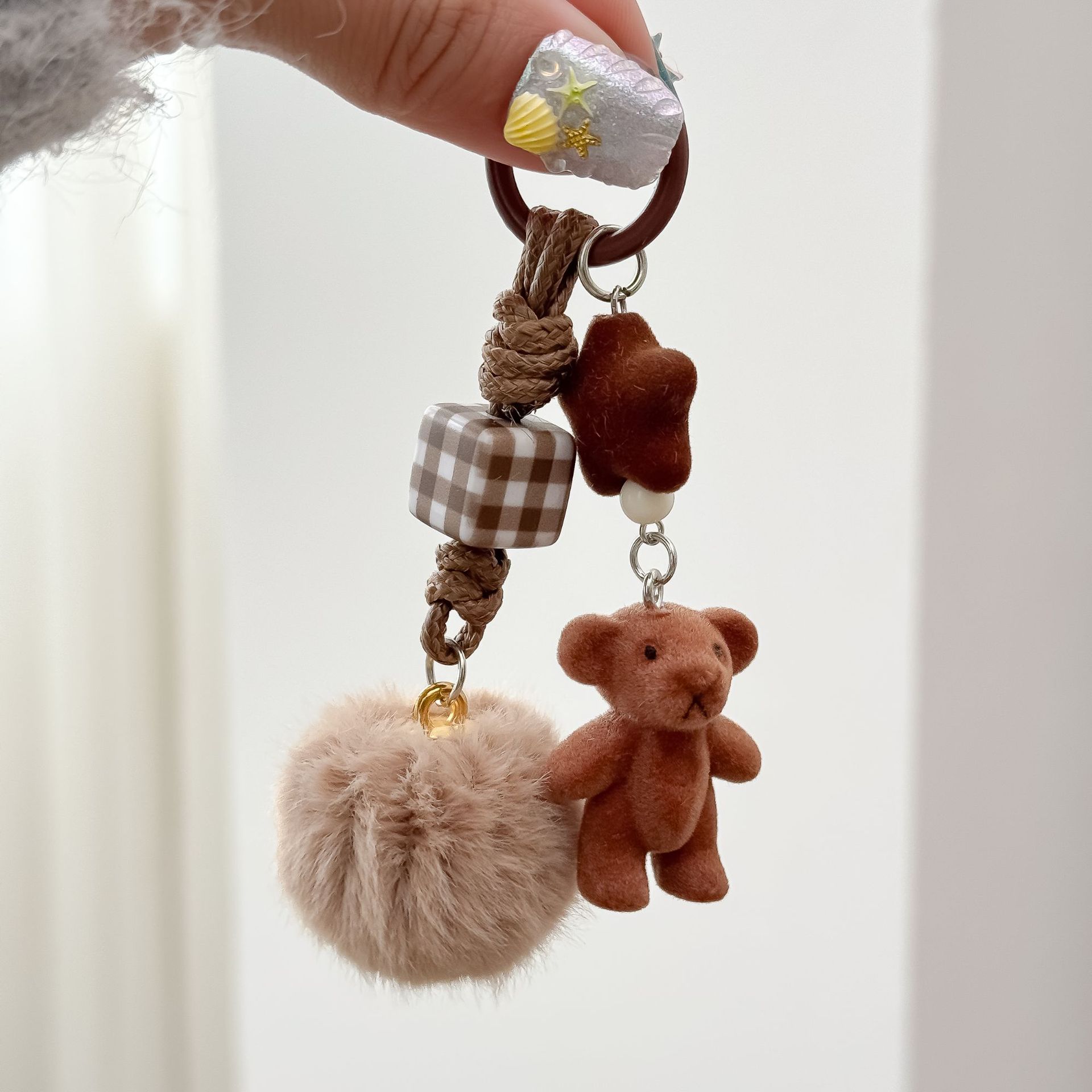 Korean-Style Cute Bear Pendant, Plush Puppy Car Keychain, Handmade Braided Rope Ornament, Pom-Pom Bag Pendant