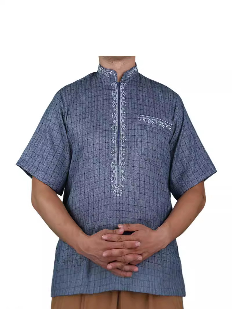 High quality cotton and linen overseas hot popular collar zipper exquisite embroidered plaid pattern with pocket short sleeve