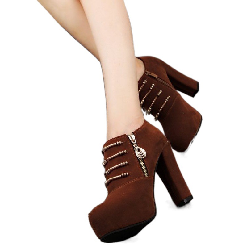 Autumn New Black Professional Women's Shoes Thick Heel Thick Sole Waterproof Platform Super High Heels Side Zipper Suede Beaded Women's Shoes