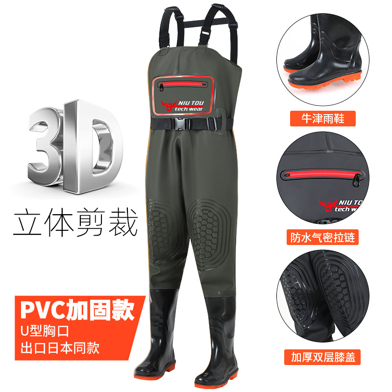 Water Trousers, Rain Trousers with Rain Boots, Leather Fork Trousers, Half-Length Waterproof Clothing for Catching Fish, Full-Body Men's One-Piece Reservoir Thickeneded Water Shoes