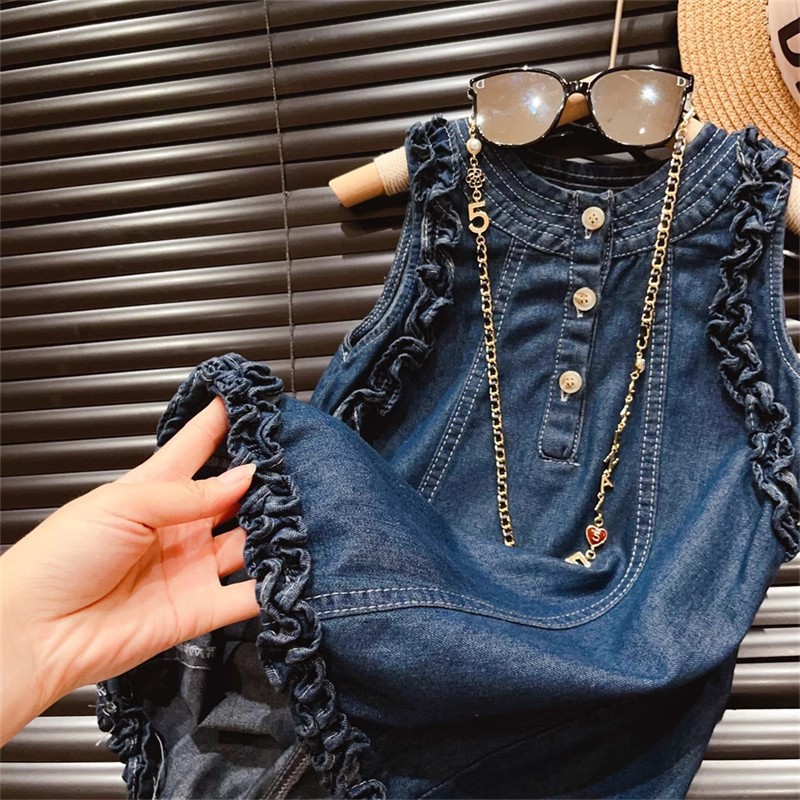 New Summer Wear Korean Style Children's Wear Girl's Ear Edge Solid Color Washed Denim Skirt Stylish Classic Vest dress Trendy