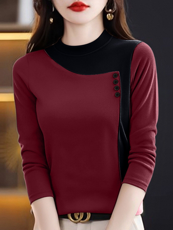Autumn and Winter Popular Mother's Clothing, Velvet Fleece-Lined Half Turtleneck Color Matching Top, Buttons Decorated to Enhance the Sense of Luxury