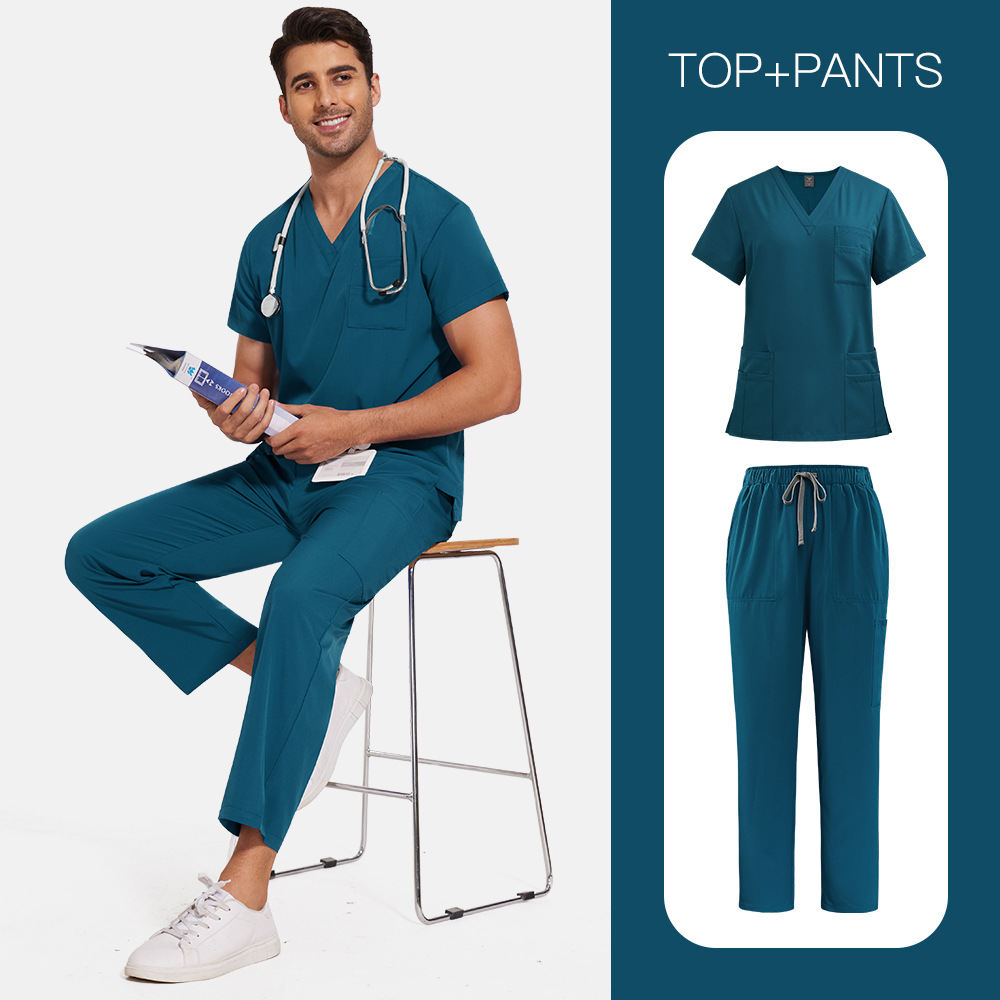 Amazon Surgical Clothing V Neck Short-Sleeved Hospital Nurse Clothing Work Clothes Suit Hand Washing Clothes Men's Large Size Can Embroider Logo