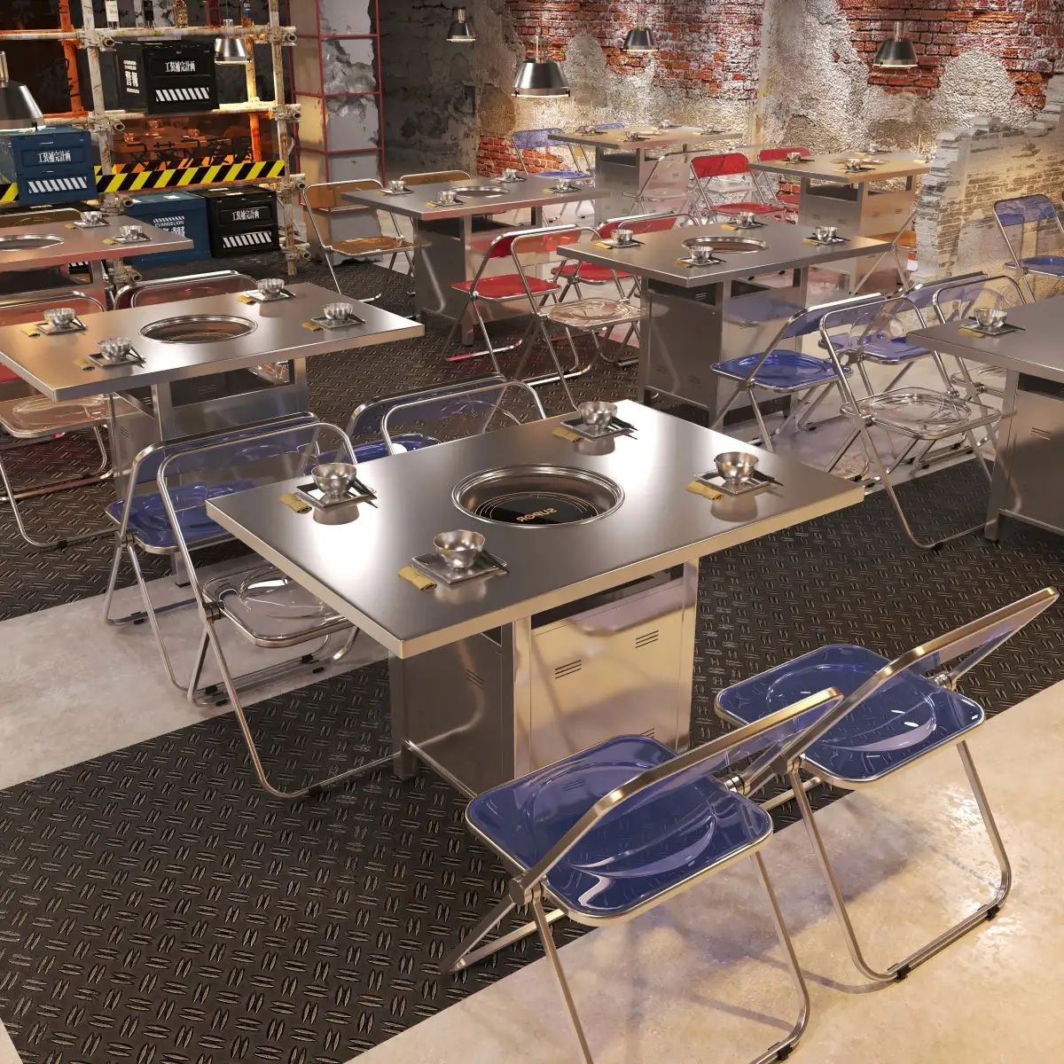 Простой корейский стиль барбекю стол из нержавеющей стали, промышленная горшечная индукционная плита, интегрированный коммерческий барбекю бездымный стол и стулья