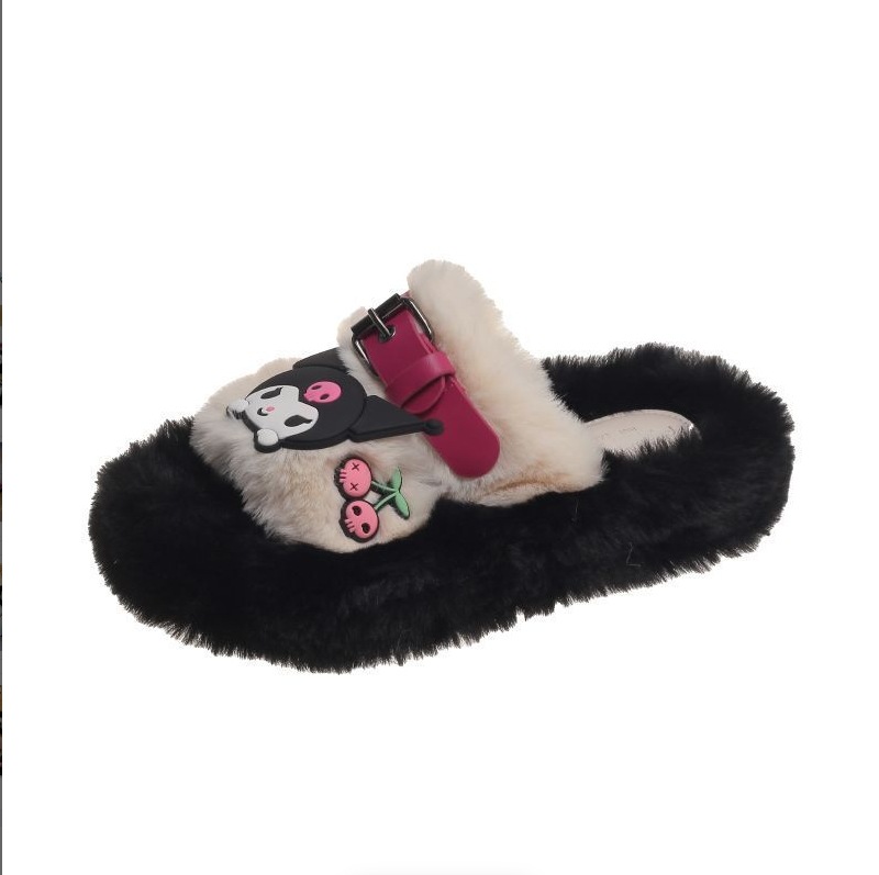 Cute Style Internet Celebrity Kuromi Plush Thick-Soled Slippers 2025 Autumn New Cartoon Versatile One-Line Cotton Slippers