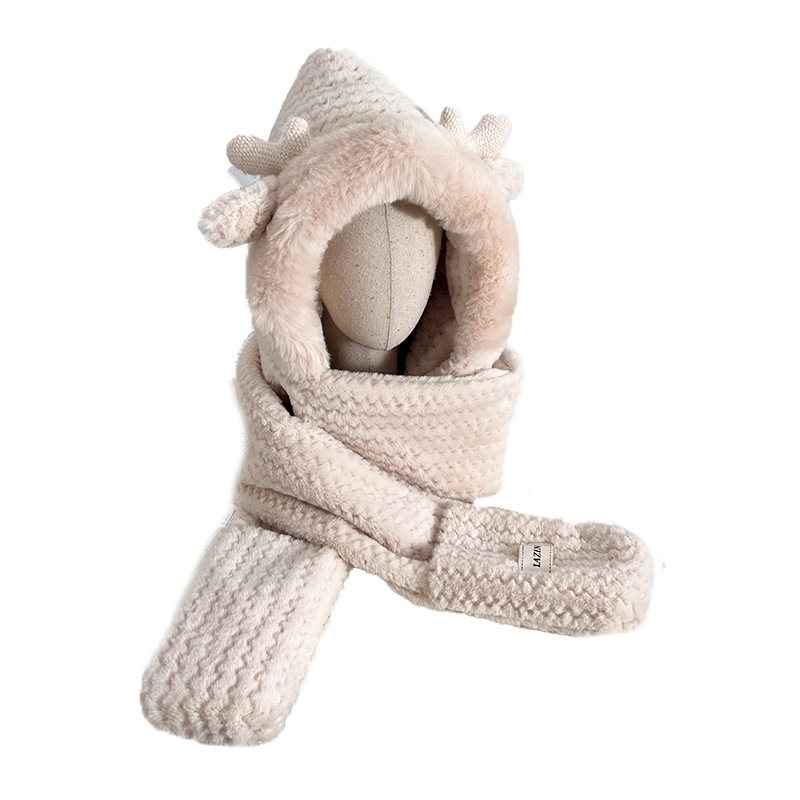 Antler Hat Children's Autumn and Winter Scarf Gloves One Winter Cute Bear Plush Warm Hooded Neck Three-piece Set