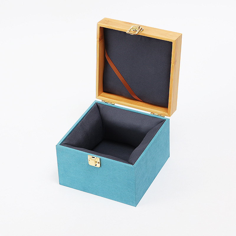 Blue Velvet Bamboo Cover Cloth Box Ready-Made Purple Sand Pot Packaging Empty Box Master Cup Tea Set Bamboo Velvet Buckle Gift Box