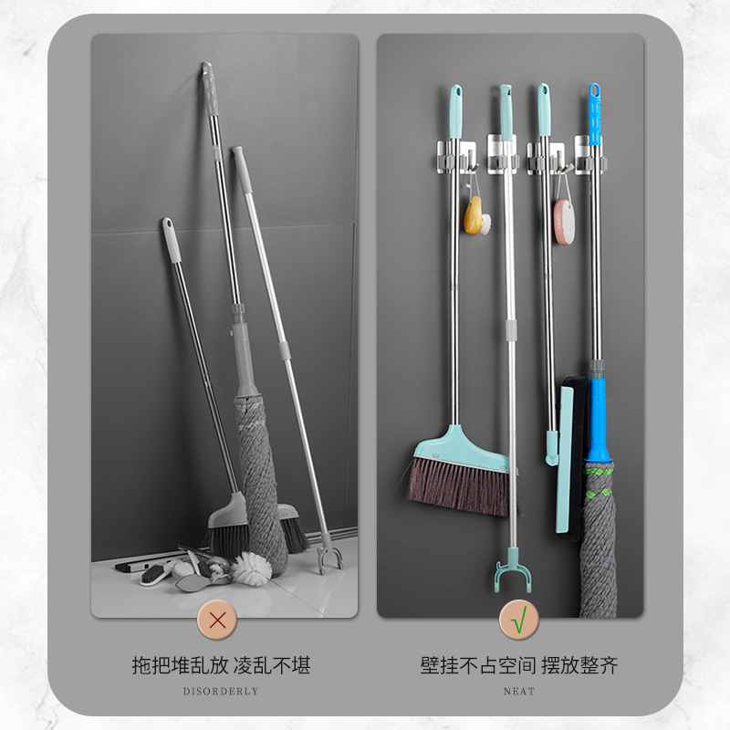 Stainless Steel Wall-Mounted Mop Rack Without Punching Mop Clip Bathroom Kitchen Broom Clip Bathroom Mop Storage Rack