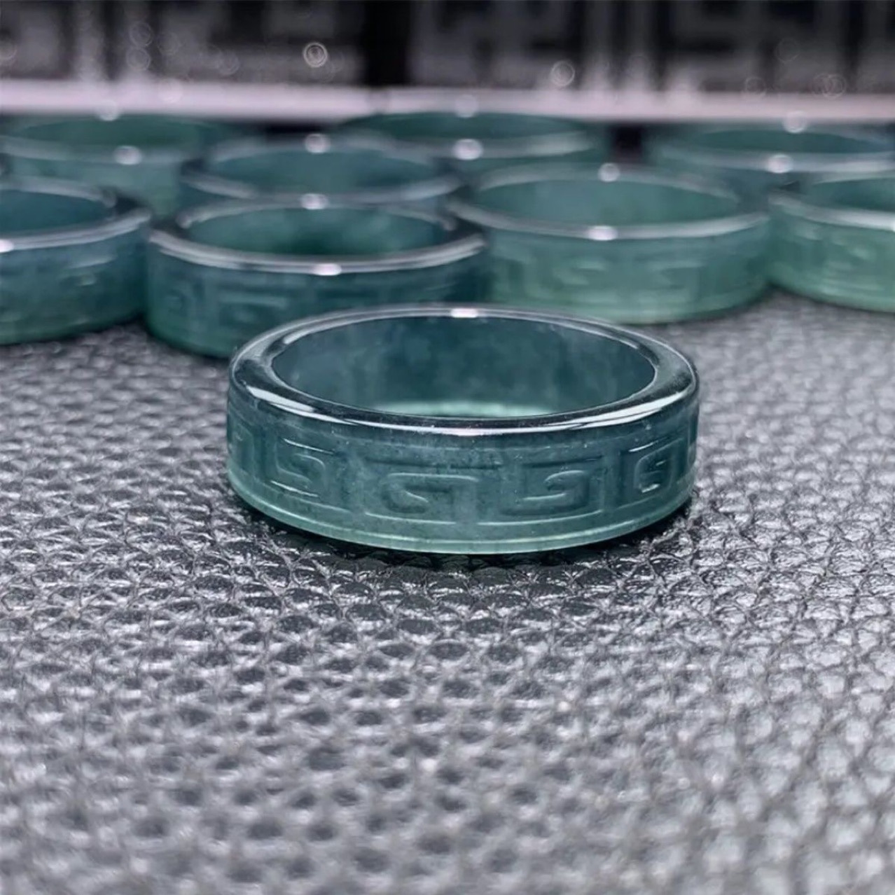 Original Natural A-Grade Jadeite Blue Water Antique Pattern Square Ring Ice Jade Men's and Women's Jade Ring Stylish