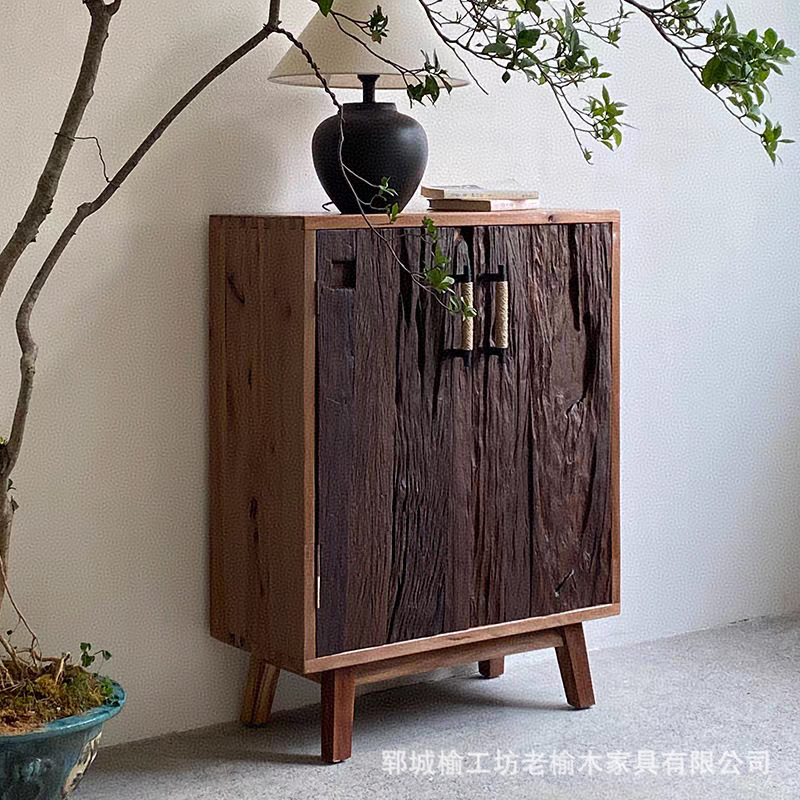Wabi-Sabi Style Solid Wood Entrance Cabinet Old Elm Weathered Sideboard B&B Retro Storage Storage Cabinet Cupboard Tea Cabinet