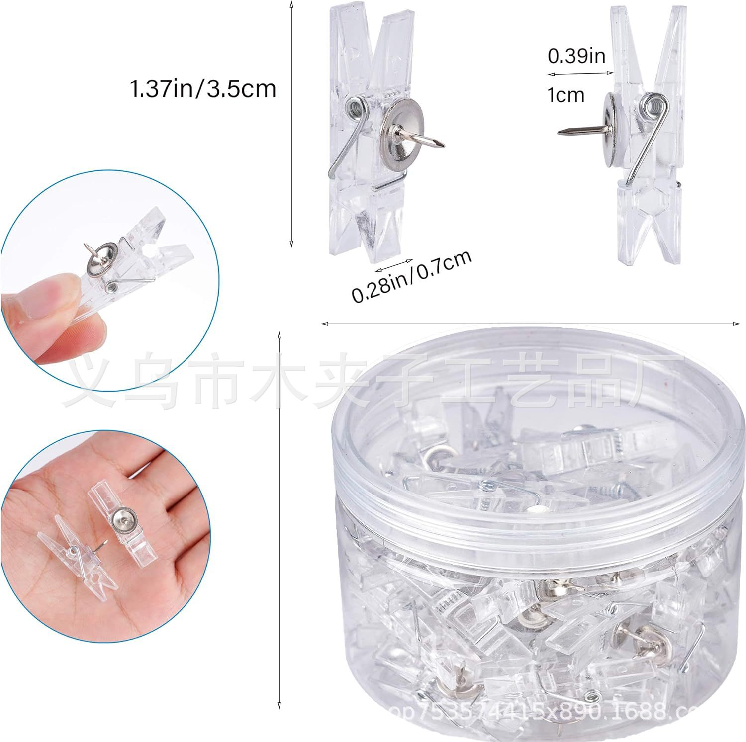 Factory direct transparent plastic small clip with pushpin clip transparent paper clip thumb nail suitable for cork board