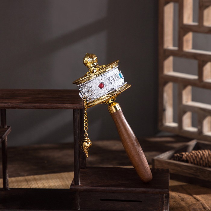 Hand-cranked Warp Wheel Xizang Pure Brass Hand-held Turning Gold Barrel Six-character True Words Household Xizang-style Hand Warp Wheel