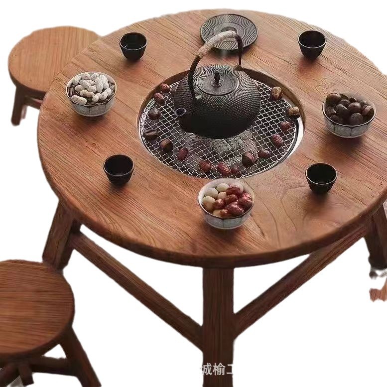 Old Elm Wood Cooking Tea Table Household Balcony Barbecue Tea Small Round Table Small Balcony Outdoor Picnic Tea Table