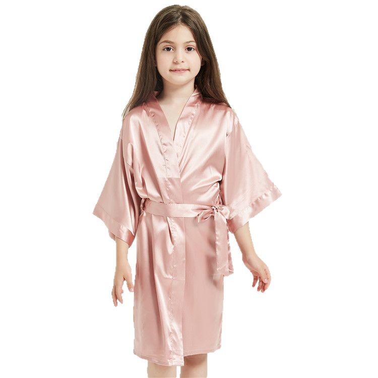 Children's nightgown solid color thin boys' and girls' bathrobe simulation Silk plain home wear European and American Amazon Supply