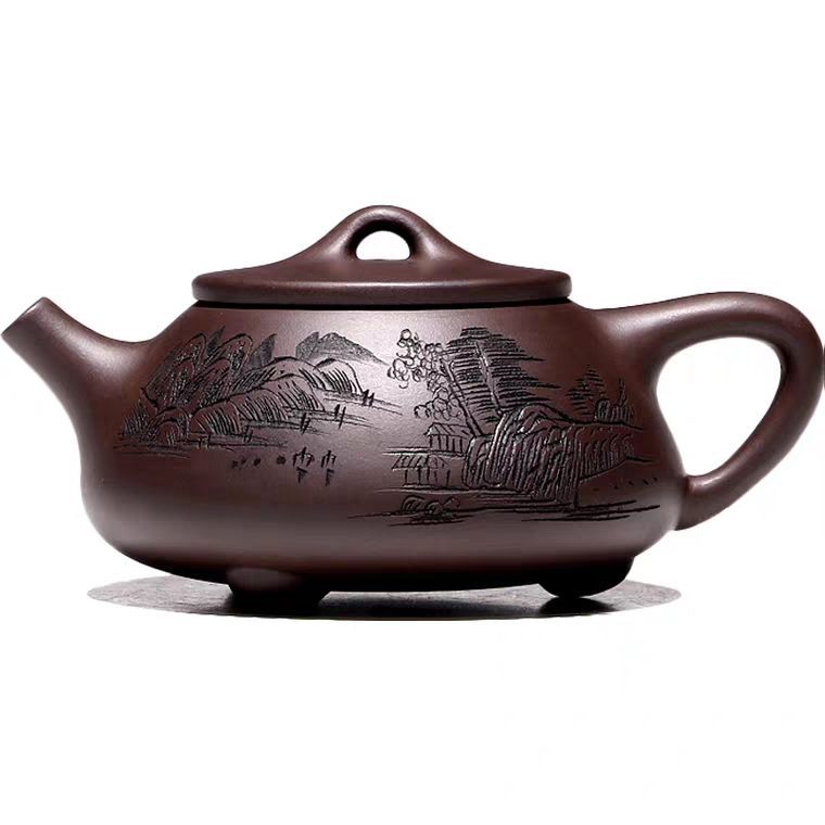 Authentic Yixing purple clay pot raw ore old and rotten purple clay double knife carving painting Tian Dao reward Qin stone pot high-grade teapot tea set