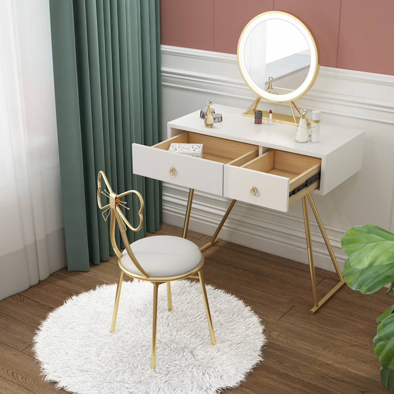 Makeup Chair for Home Use, Bedroom, Dressing Room, Dressing Stool with Bowknot, Iron Art Manicure Chair, Leisure Chair with Backrest, Light Luxury Chair