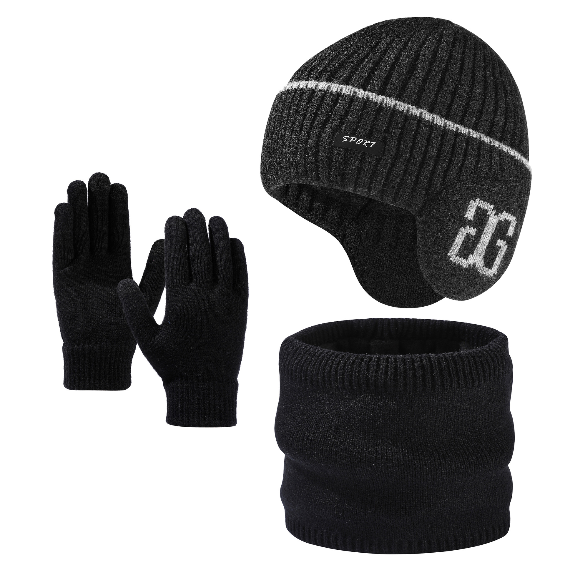 Cross-border European and American Fashion Ear Protection Knitted Wool Hat Outdoor Riding Warm Hat Scarf Gloves Three-piece Set for Men
