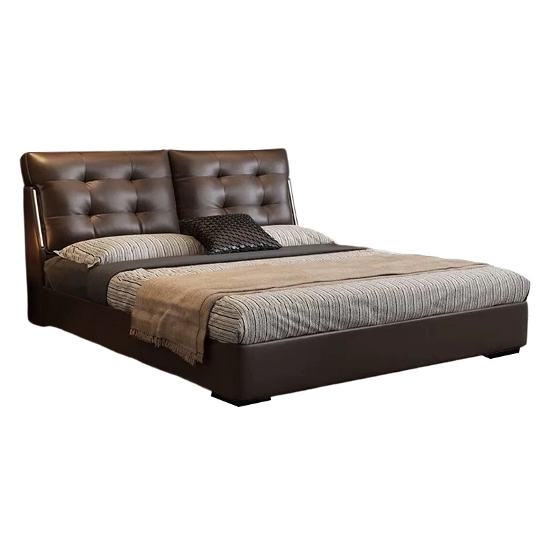 Modern Minimalist Leather Art Bed Black 1.8m with Night Light Nappa Leather Wedding Bed Soft-Packed Bed Master Bedroom Popular Storage Bed