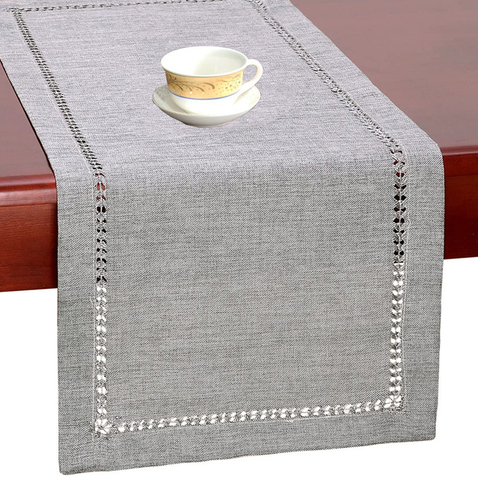 Cross-border eight-character drawn silk hollow-out flat-angle table runner imitation linen polyester silk table runner coffee table table cover solid color table cloth