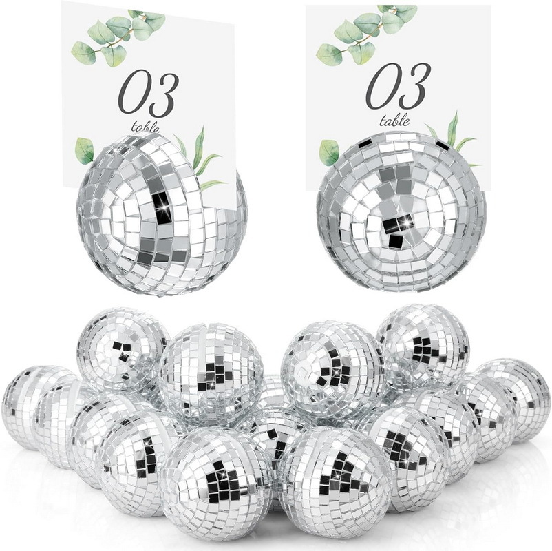 5cm Silver Pink Disco Glass Ball Table Number Stand Name Card Holder Photo Stand Wedding Birthday Party Decoration