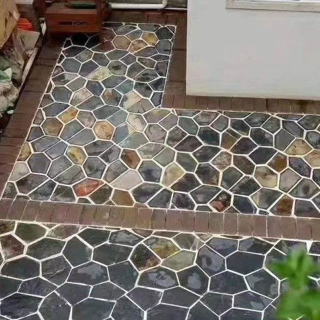 Customized Black Ice Crack Cultural Stone for Outdoor Terrace, Irregular Stone Mesh, Vintage Garden Paving Stone Slate