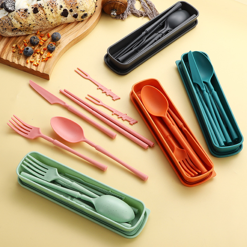 Cross-border Hot Wheat Straw Plastic Tableware Box suit Portugal Small Man Waist Knife, Fork and Spoon Outdoor Portable Tableware