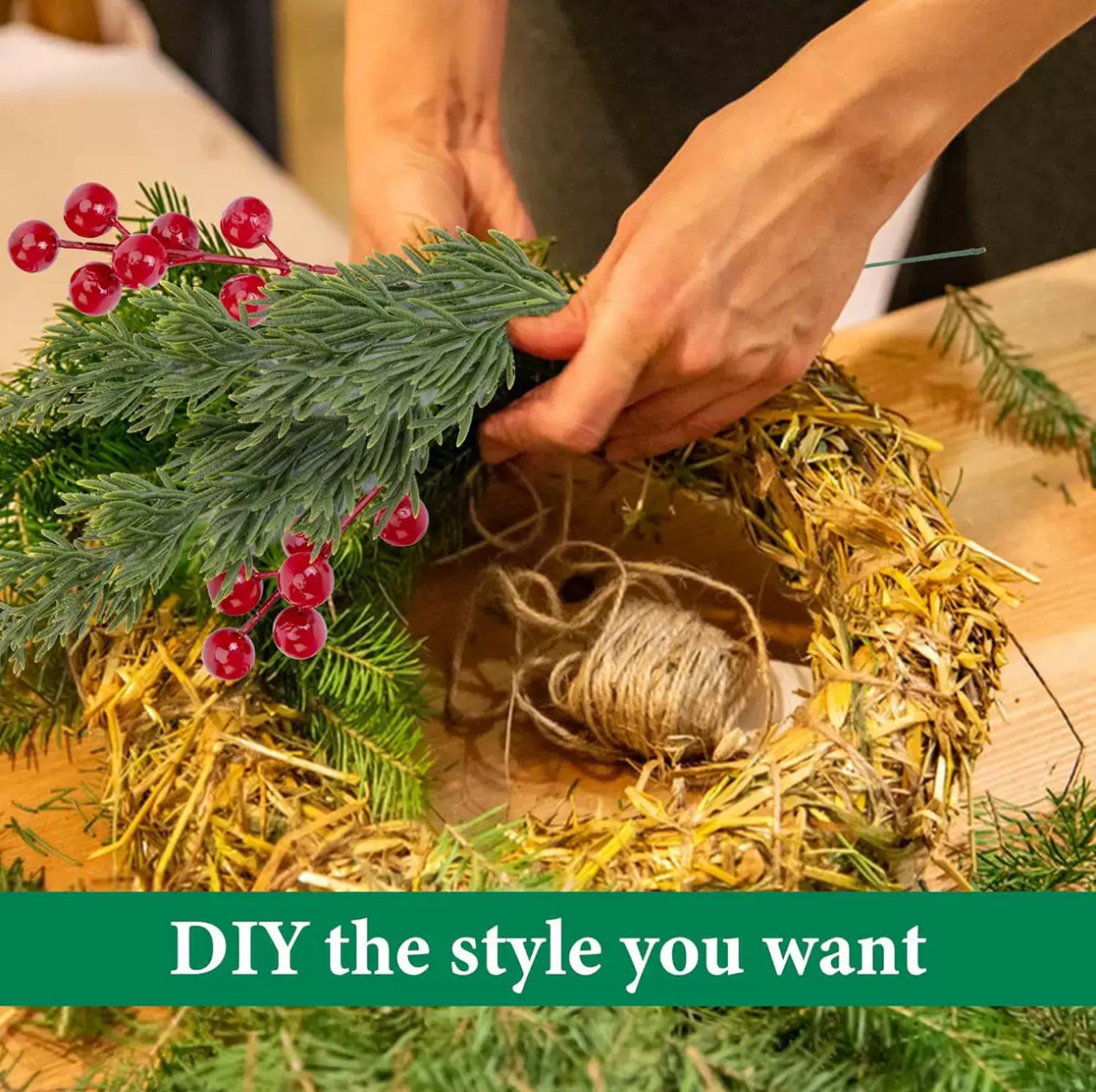 Cross-Border E-Commerce Artificial Pine and Cypress Branch Red Berry Bouquet DIY Flower Arrangement Decoration Christmas Pine Needle Home Table Flower Arrangement