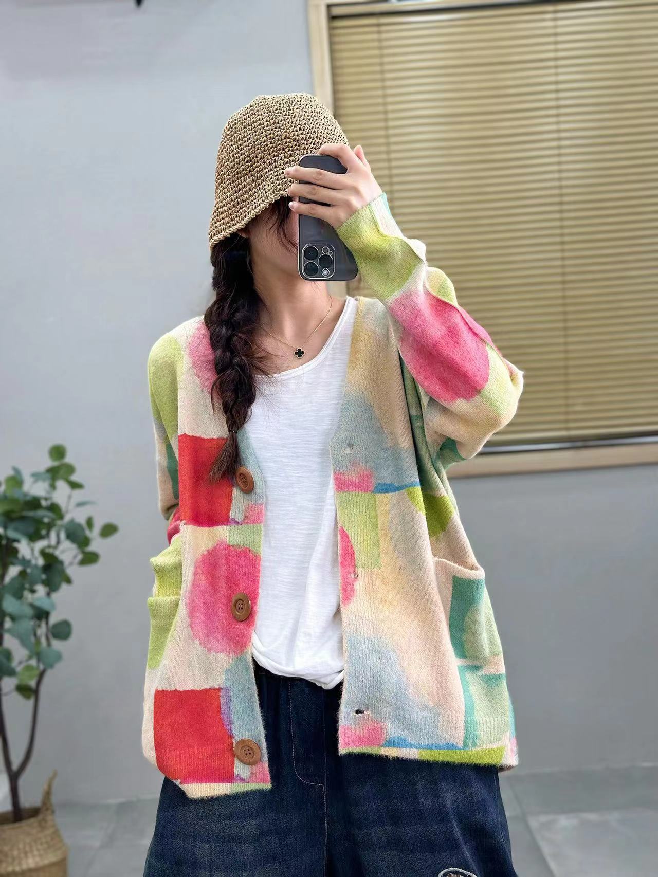 Printed Colorful Mink Velvet 2025 Autumn and Winter New Classy Loose Knitted Cardigan V-Neck Sweater for Women Factory Direct Sales