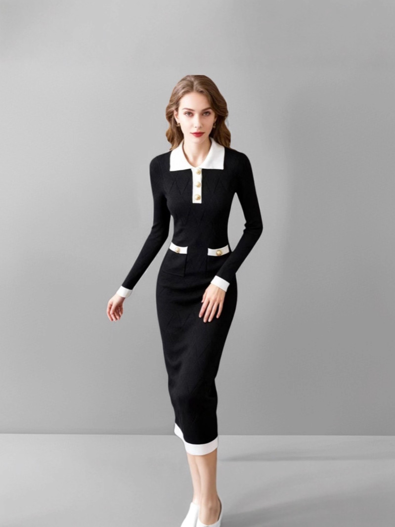Customized Cross-Border Winter New Commuter Style Lapel Knit Dress for Women, Long-Sleeved, Simple, Slimming, Elegant, Versatile