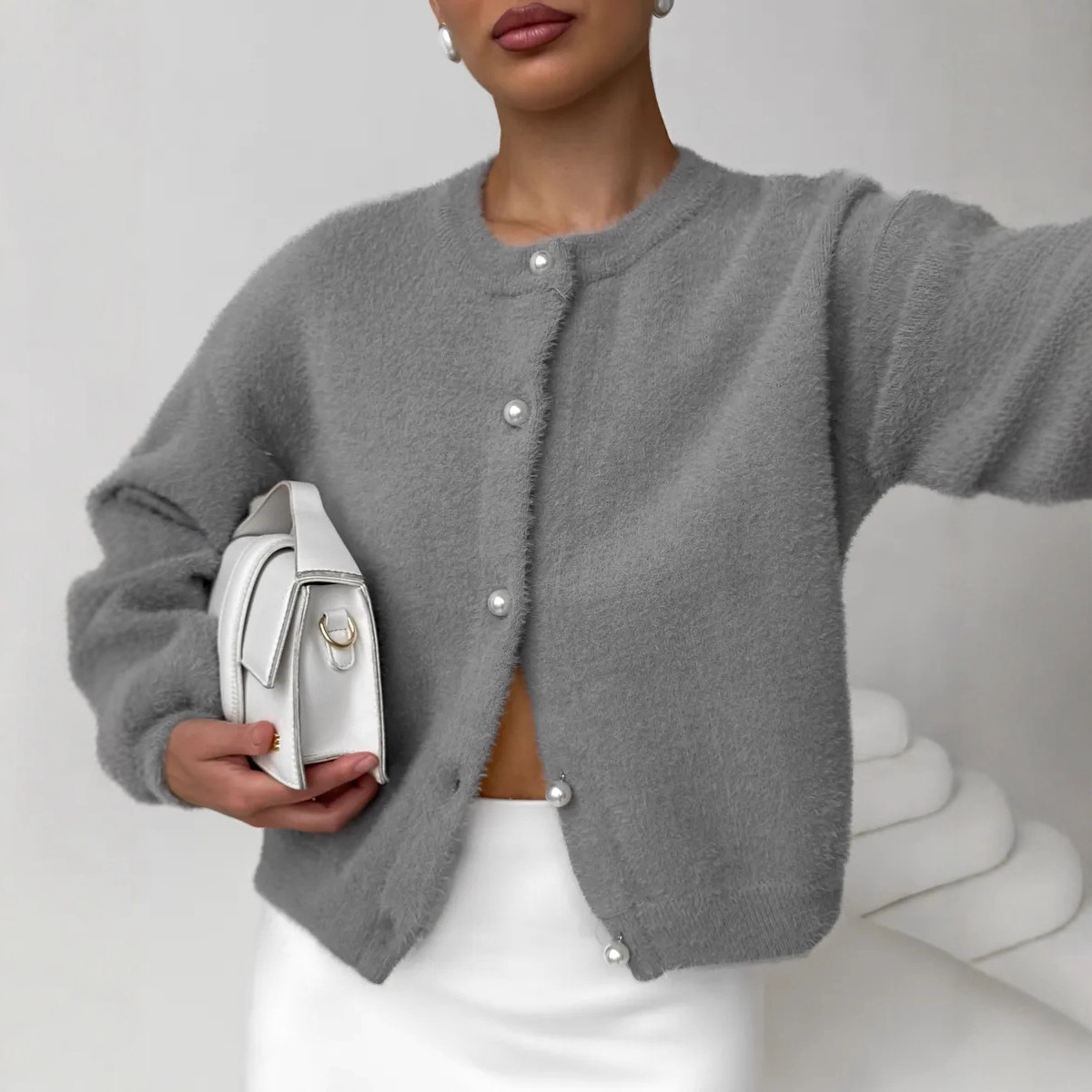 Cross-Border Gray Small Fragrant Style Knitted Cardigan for Women Spring and Autumn New High-End Top Soft Waxy Imitation Mink Sweater Jacket