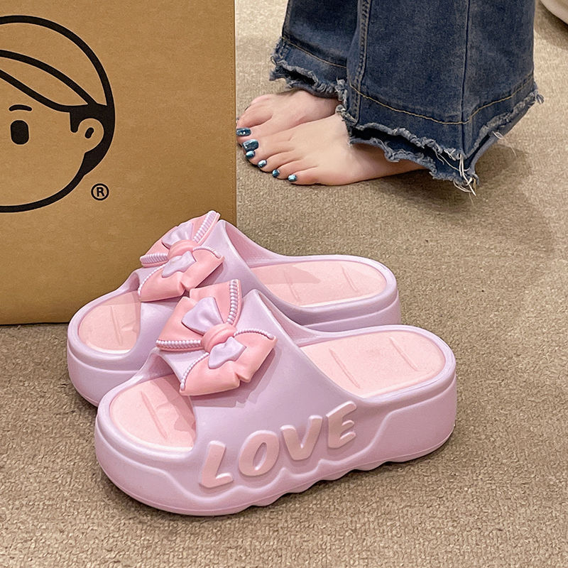 Thick-Soled Fashionable Height-Increasing Slippers with Bow Double Color Non-Slip Slippers for Women Beach Fashion Outer Wear Sandals Wholesale