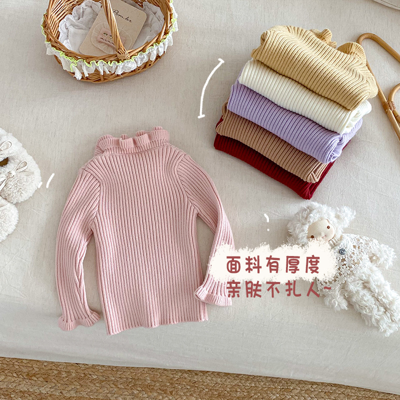 Children's Turtleneck Sweater with Small Left and Right Lapels, Autumn Baby Solid Color Lace Collar Top, Girls' Thickened Winter Inner Wear Trendy
