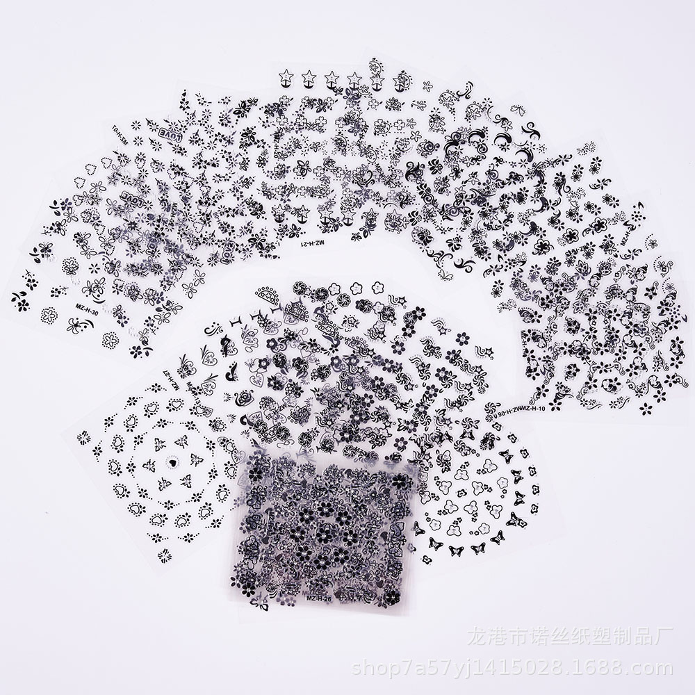 Cross-border black and white color nail stickers three-dimensional waterproof small decal nail stickers 3d nail stickers can be customized