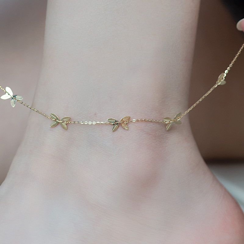 14K Gold Anklet Women's Light Luxury Commuting Plain Gold Gold Jewelry Glossy Double Leaf Butterfly Anklet 40314