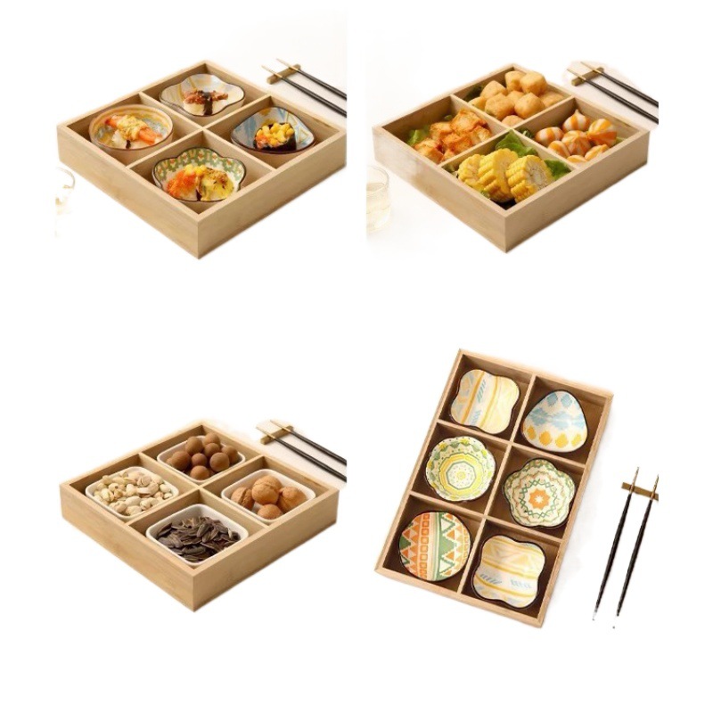 Bamboo Hot Pot Nine-Square Plate, Tea Snack Plate, Barbecue Side Dish Platter Three