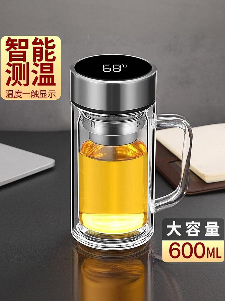 ✅ Intelligent Temperature-Displaying Double-Layer Glass Cup with Handle, Large-Capacity Tea Cup for Office and Home Use with Handle