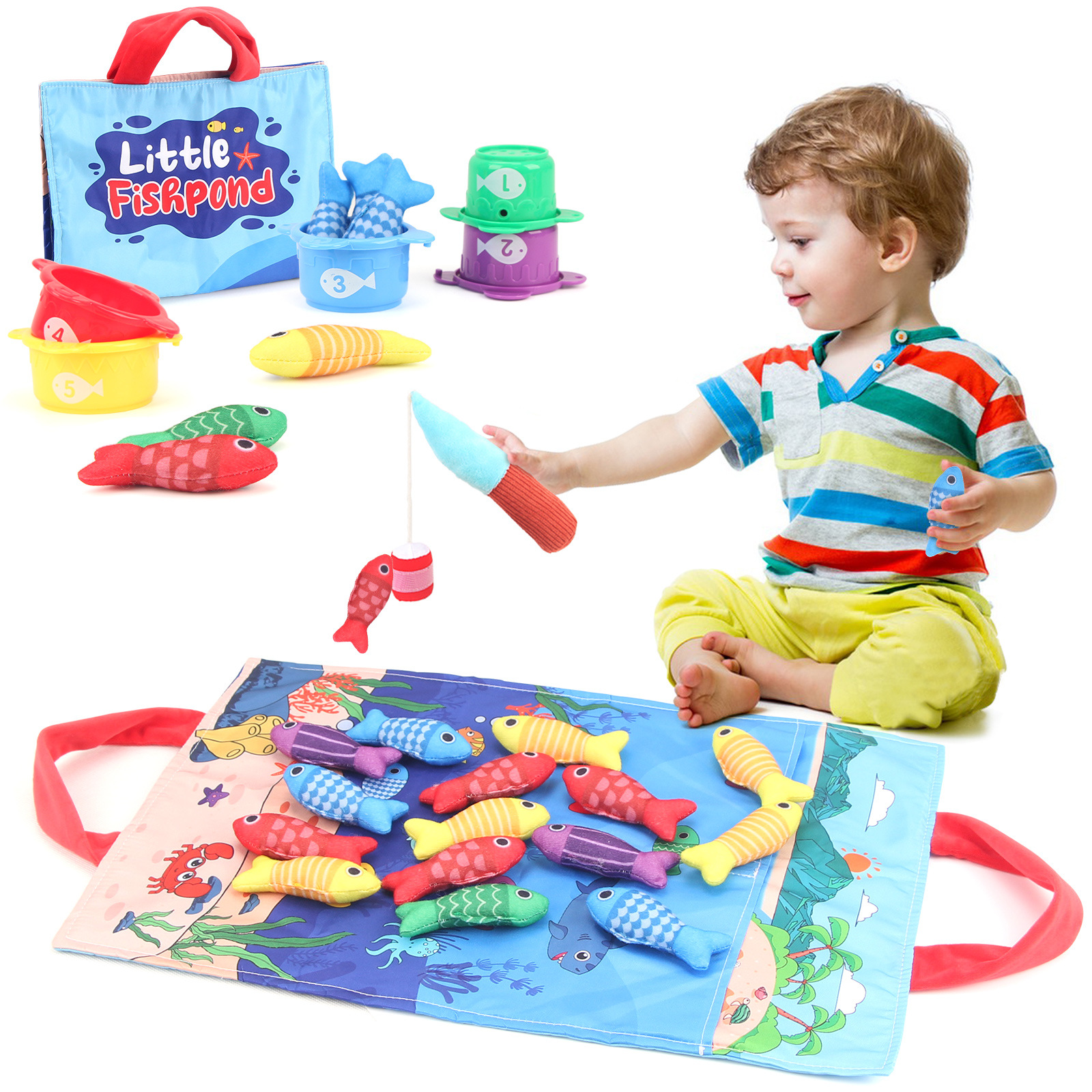 Cross-border Baby Fishing Toy Three-dimensional Fabric Crawling Early Education Enlightenment Cognition Digital Folding Carpet Classification Toy